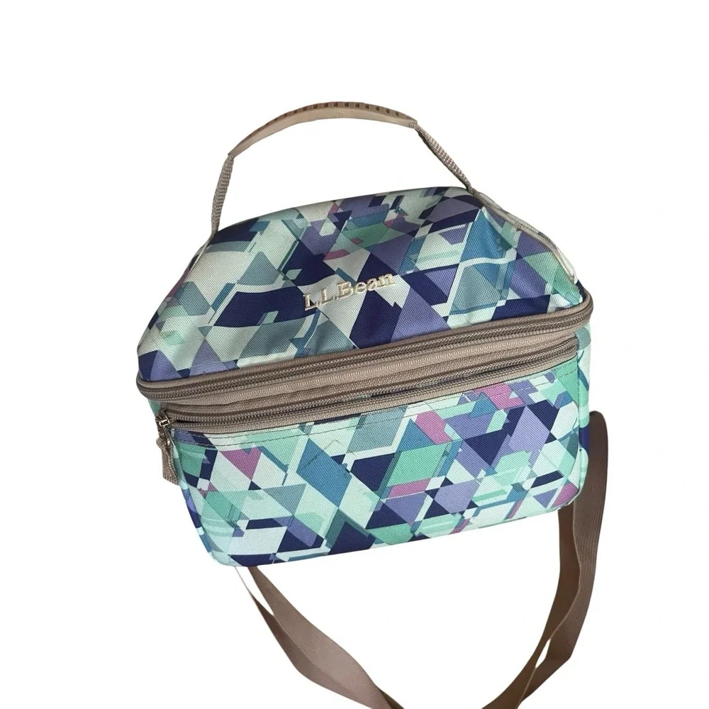 L.L.Bean Insulated Lunch Bag Cooler Geometric Print Adjustable Strap Blue